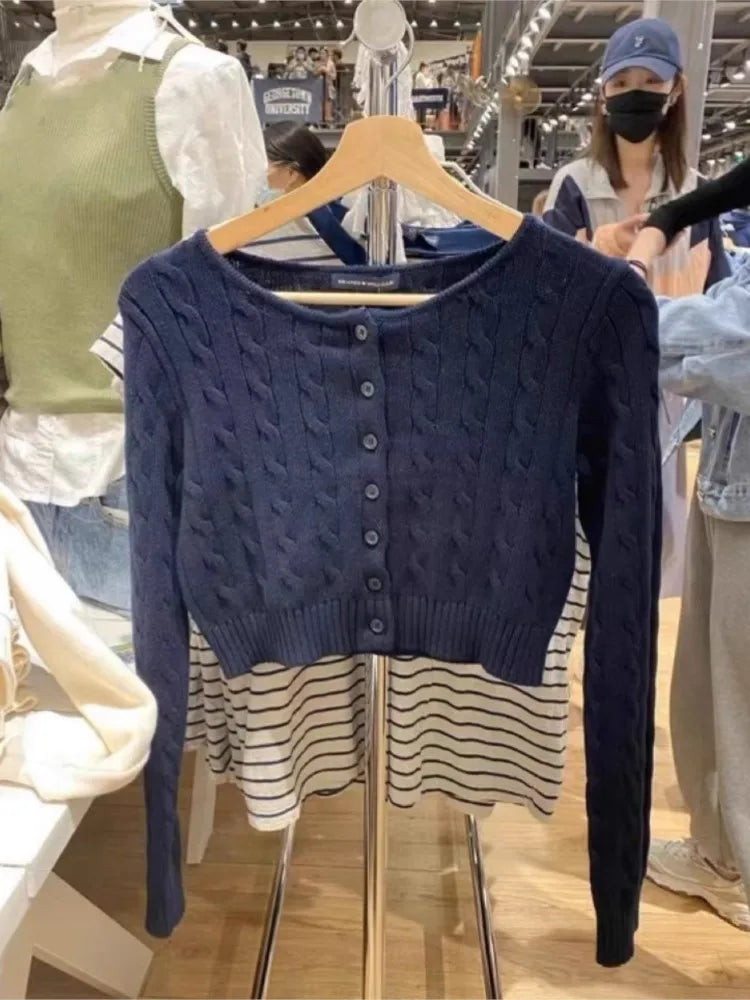 Vintage Navy O-neck Knit Cardigan Women Autumn New Cotton Casual Streetwear Slim Cropped Sweaters Simple Sweet Y2K Jumper Tops