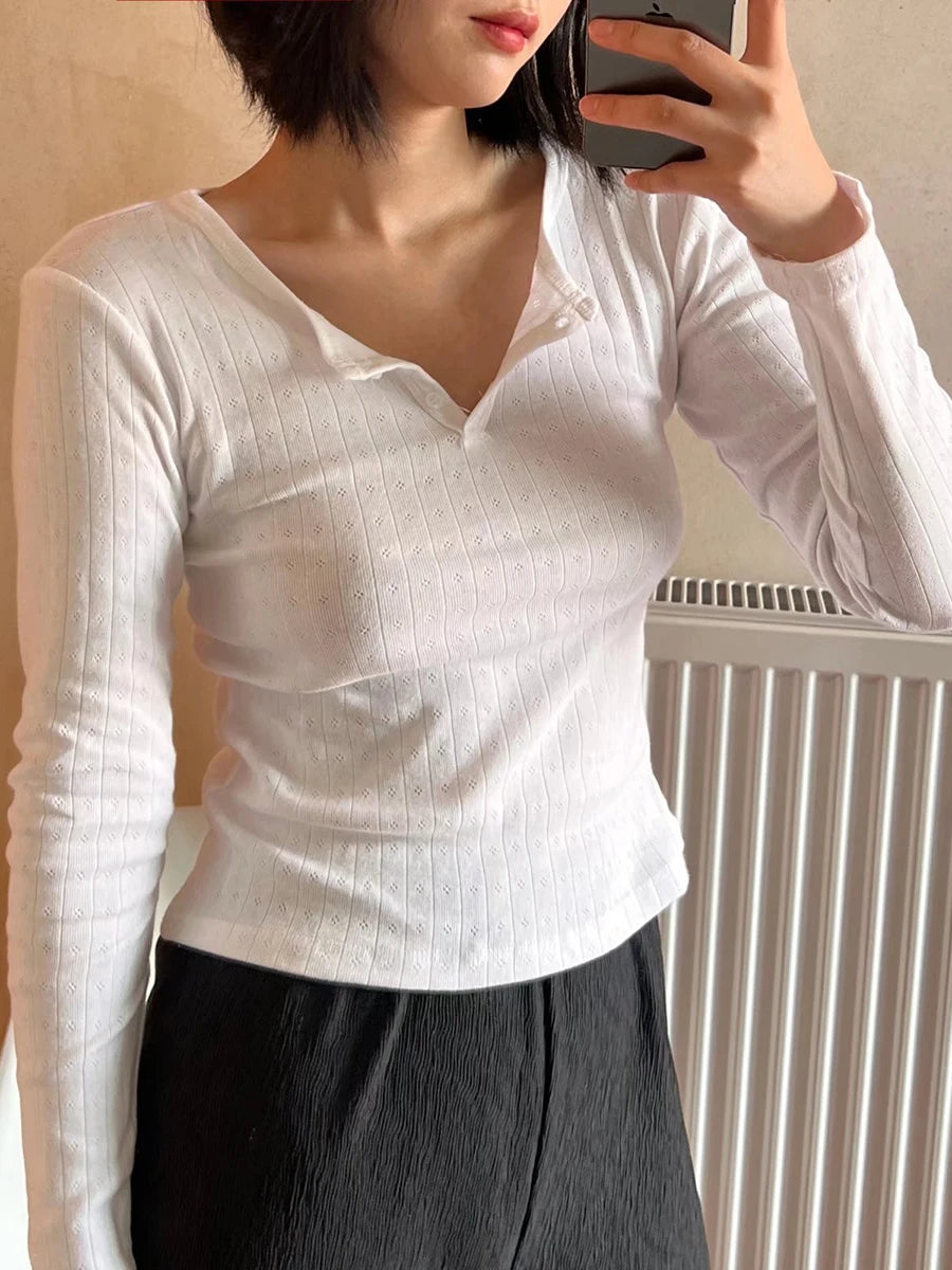 White Hollow Out Cute Cotton T-shirts Femme New Button  Slim Long Sleeve Tees Casual Autumn Y2k Chic Tops Clothes