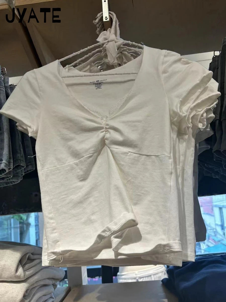 White Lace Trim Bow Crop Tops Women Summer New Cotton V-neck Slim Sexy Short Sleeve Tees Sweet Vintage Cute Simple Y2K T-shirts