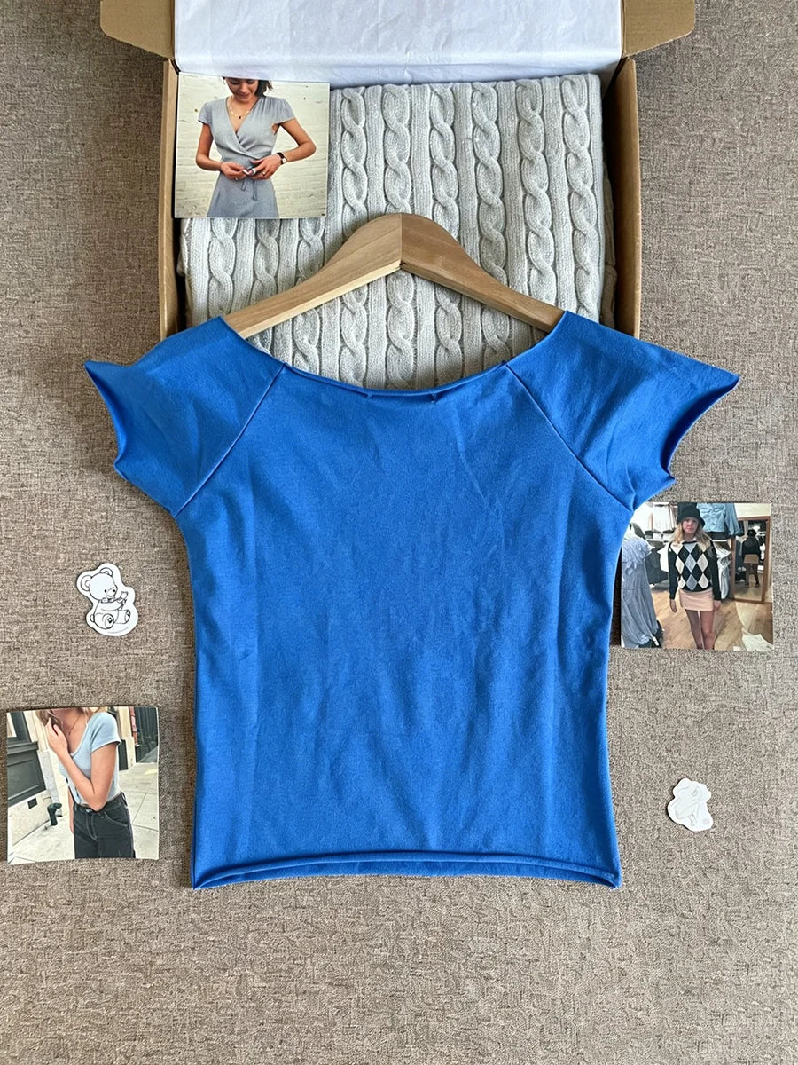 Electric Blue Slash Neck Crop Tops Women Simple All-match Cotton Slim Raw Hem T-shirts Vintage Preppy Style Cropped Tees New