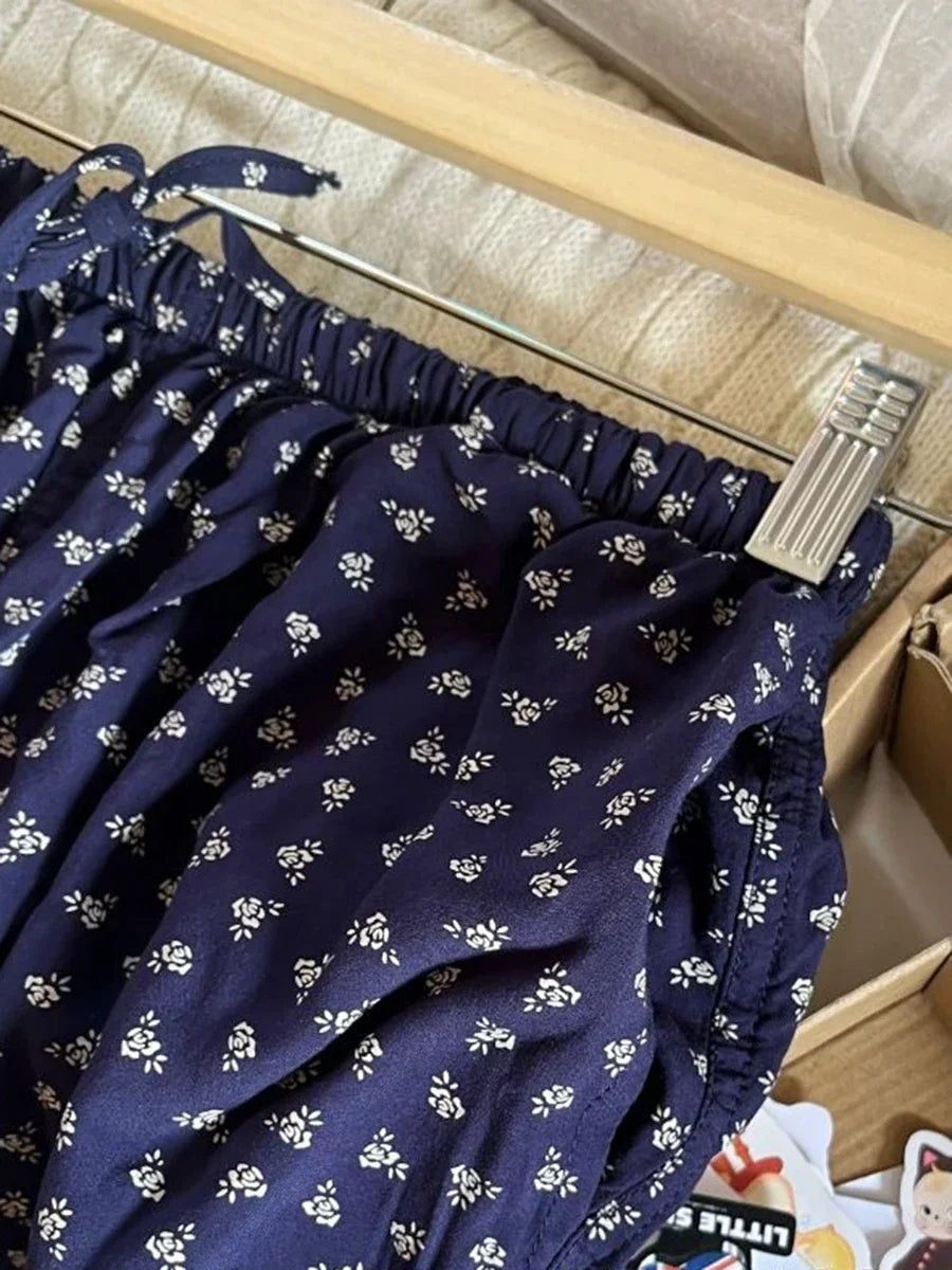 Floral Navy Drawstring Long Pants Women Summer High Waist Cotton Loose Straight Sweatpant Y2k Casual Sweet Streetwear Trousers