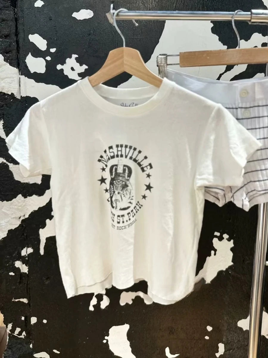 Fashion Letter Print Short Sleeve Tee Women New Casual O-neck Solid Streetwear Retro T-shirts Harajuku Vintage Chic Y2K Crop Top