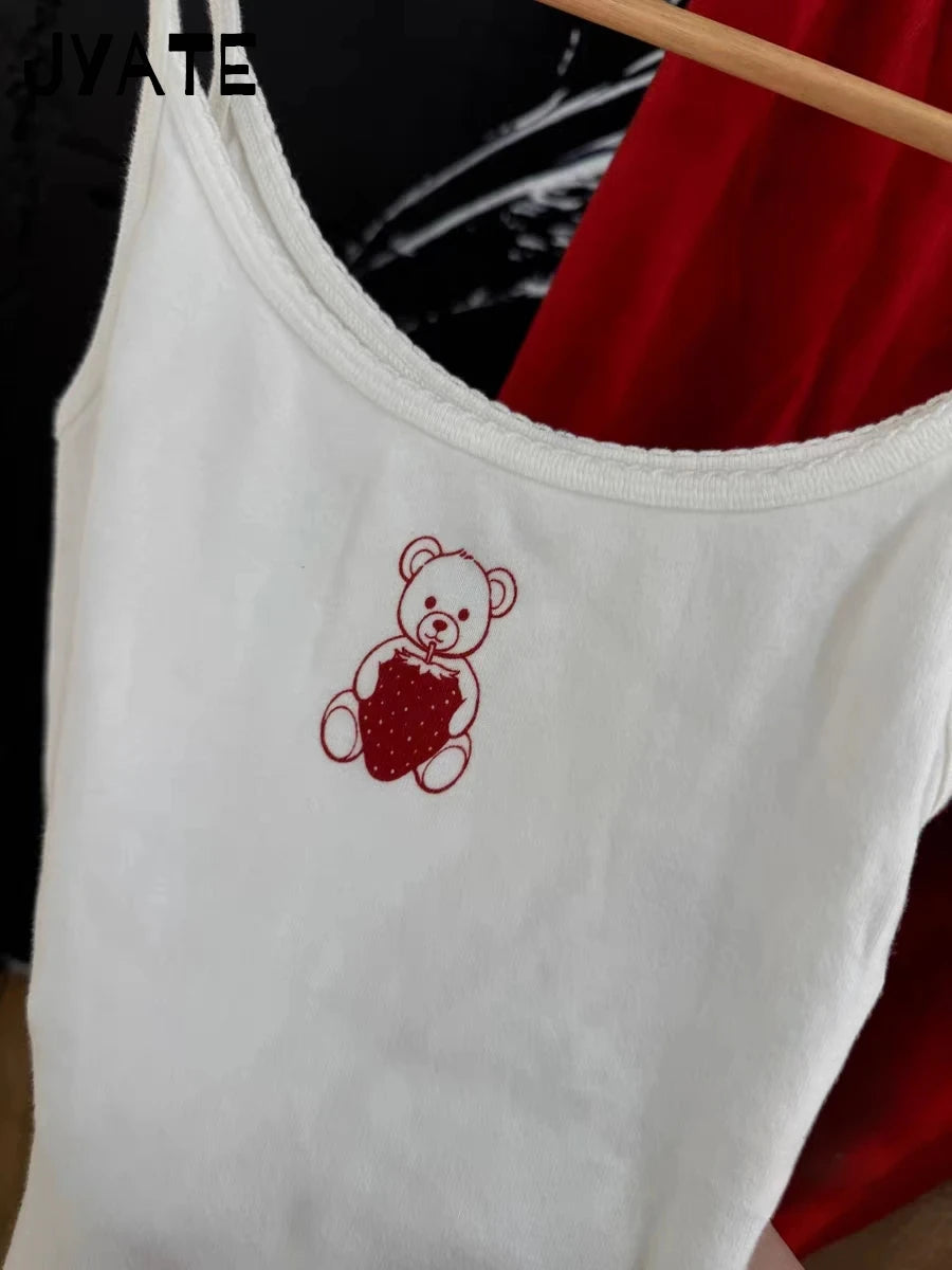 Cute Strawberry Bear Print Tank Tops Women Summer New Cotton Slim Casual Sleeveless Cropped Vests Sweet Preppy Style Camis Y2K