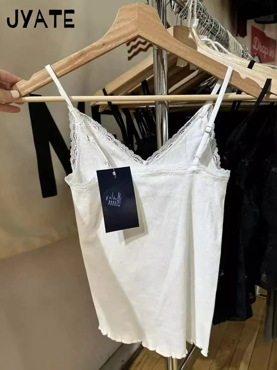 Lace Trim V-neck Ribbed Tank Tops Women New Cotton Casual Fungus Hem Slim Sleeveless Vests Cute Sweet Preppy Style Camisole Y2K