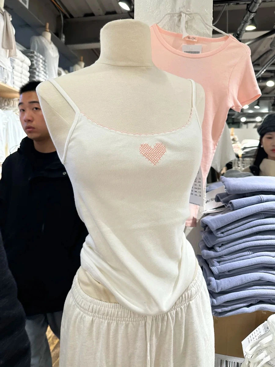 Sweet 14 Embroidery Slim Tank Top Women Spring Casual Sleeveless Cotton Camis Female White Cute Preppy Style Vest Y2K Tops New