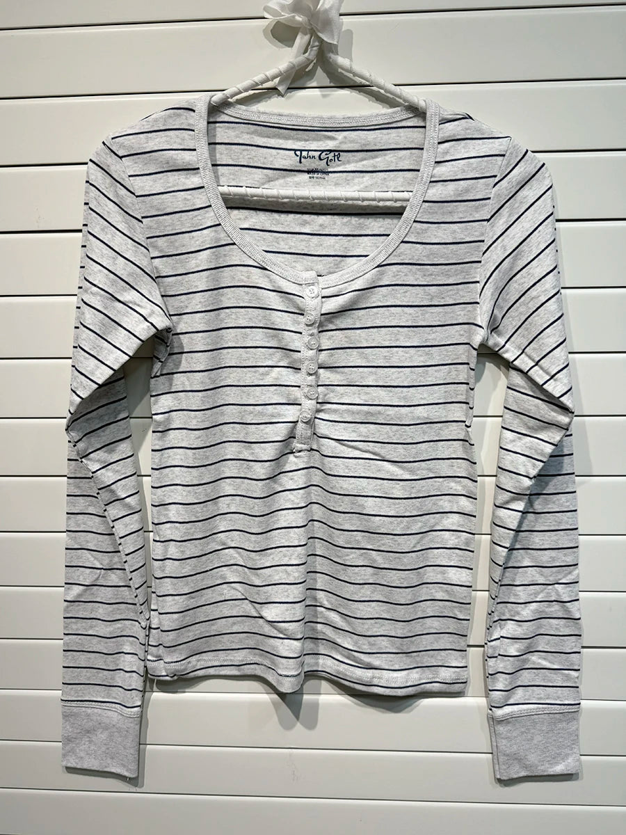 Brown Striped Buttons T-shirts Women Casual Chic Cotton Patchwork Long Sleeve Tees Vintage Preppy Style Slim Tshirt Y2K Tops New
