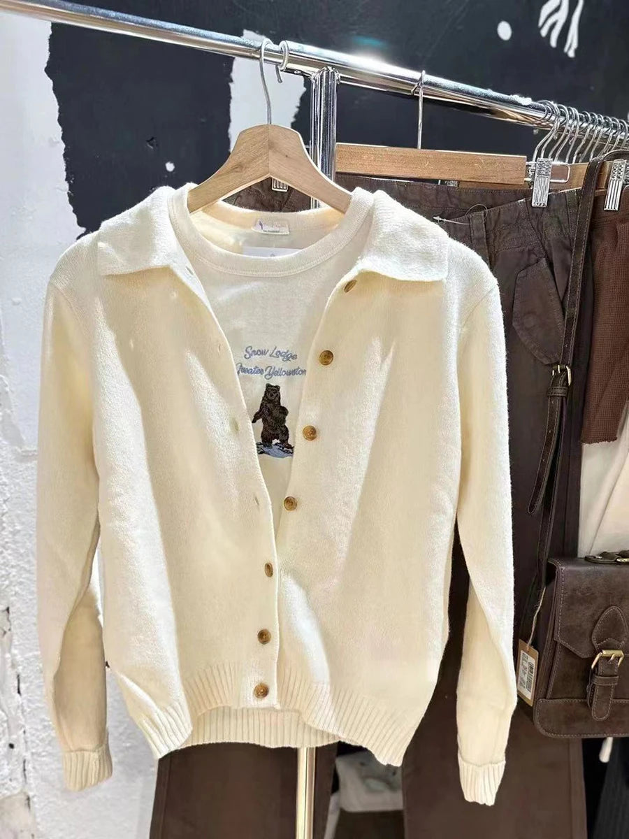 Sweet Simple Beige Buttons Knitted Cardigan Women Cotton Warm Turn Down Collar Sweaters Coat Vintage Cute Preppy Sweater Tops