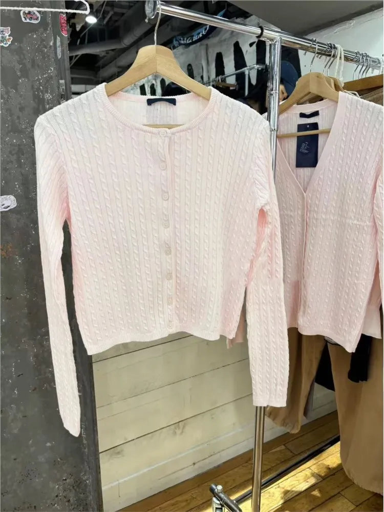 Sweet Pink Twist Flower Sweater Cardigan Woman Autumn O-neck Single Breasted Long Sleeve Crop Top Cotton Cute Chic Knitwear Tops