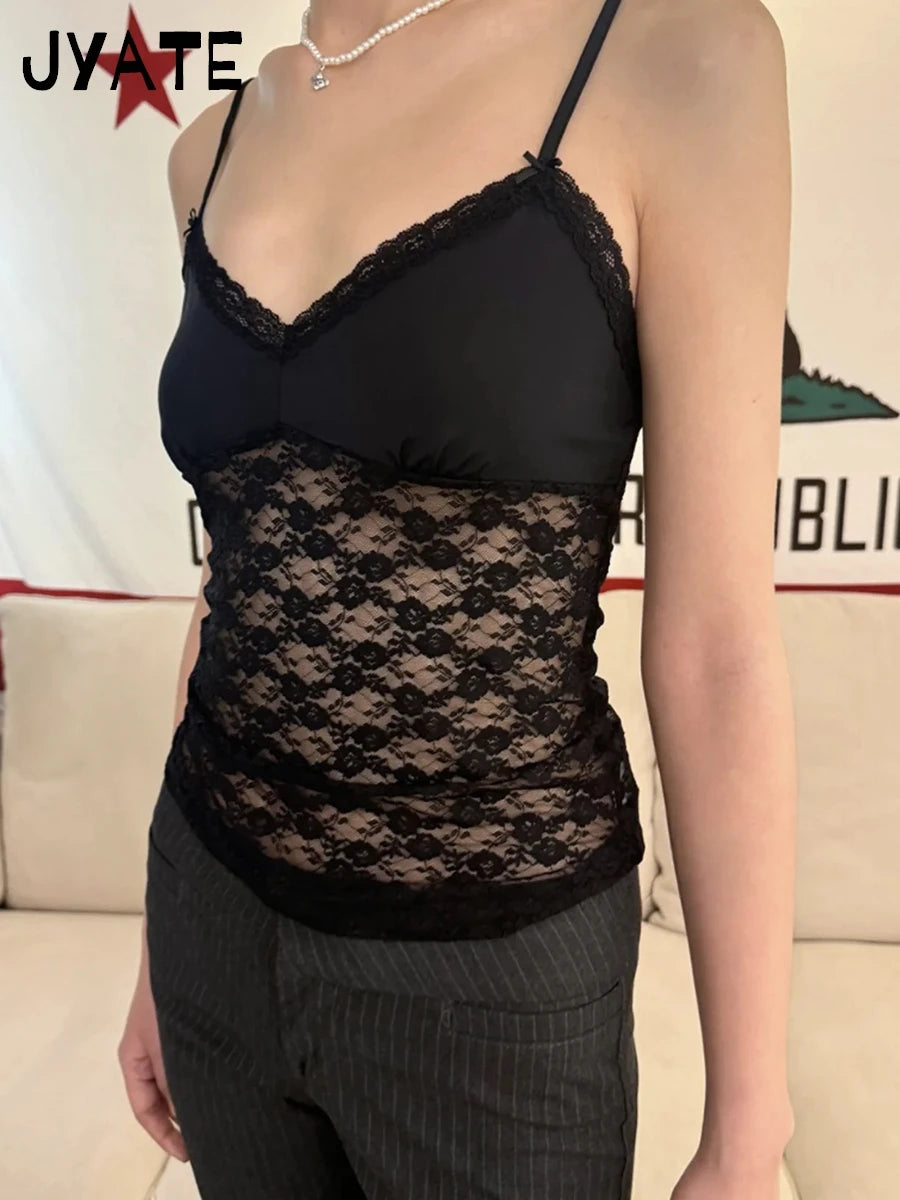 Sexy Lace Bow Transparent Bra Tank Tops Women Summer  Streetwear Sleeveless V-Neck Thin Slim Vest Sweet Vintage Chic Camis Y2K