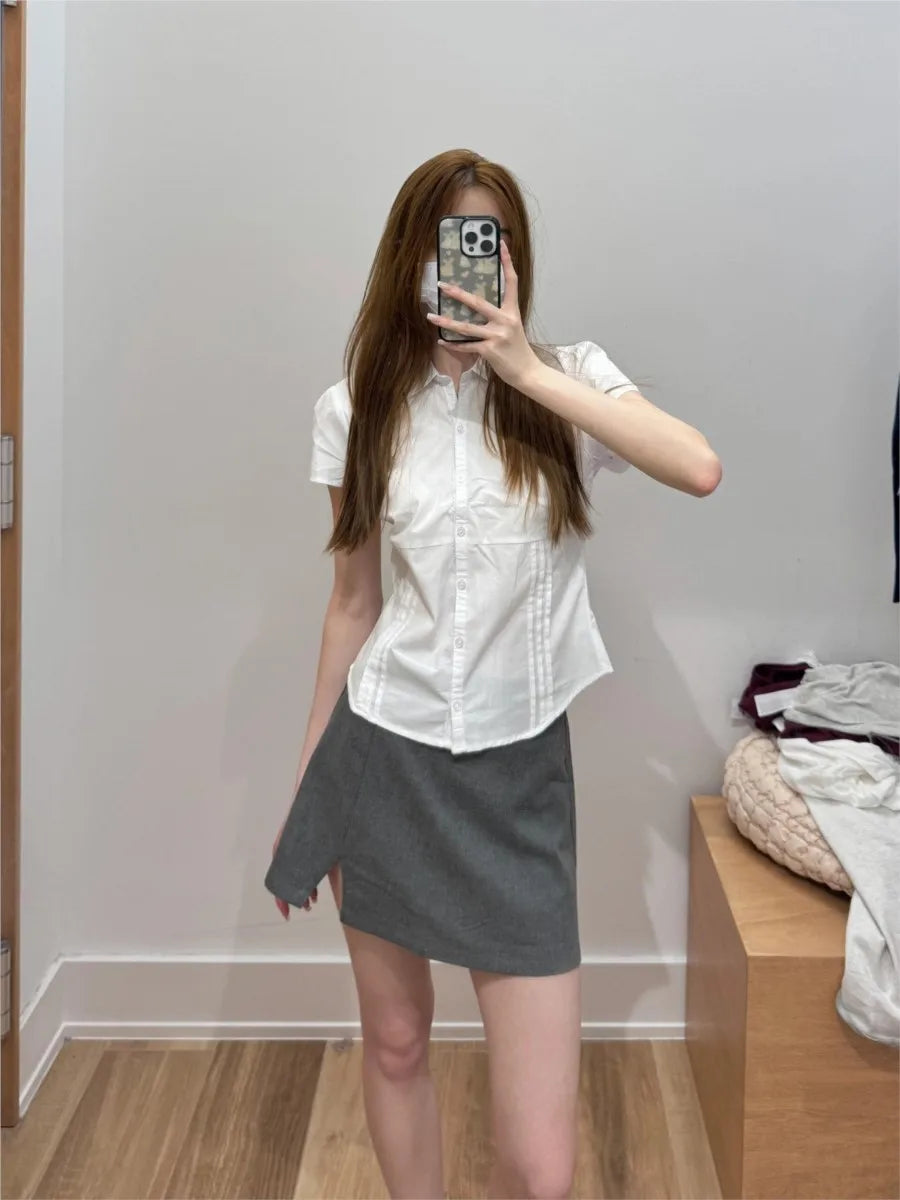 Lace Trim White Blouse T-shirts Women Summer New Casual Single Breasted Short Sleeve Tees Sweet Preppy Style Cute Slim Tops Y2K