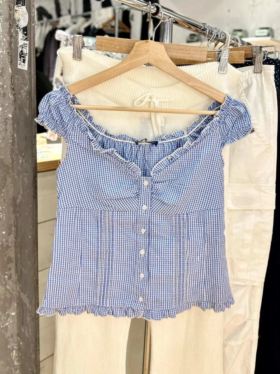 Blue Plaid Folds Blouse Top Women Casual Cotton Single Breasted Ruffle Sleeveless Tank Tops Vest Y2K Sweet Preppy Style Camisole