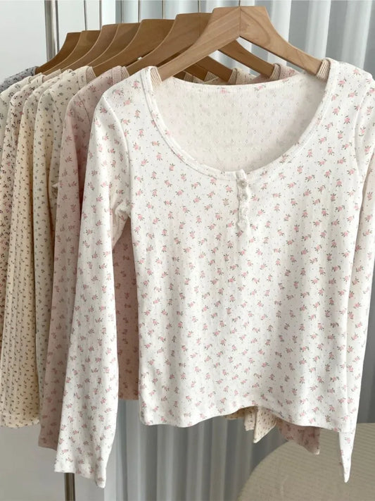 Floral Zelly T-shirts Women Spring Casual Simple Cotton Soft Button Long Sleeve Tees Sweet Cute Preppy Style Tshirt