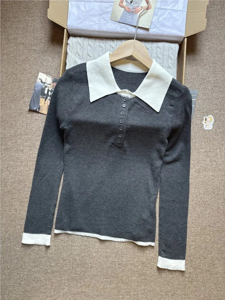 Gray Buttons Knitted Tops Women Summer New Cotton Casual Patchwork Turn-down Collar Tees Female Sweet Preppy Style T-shirts Y2K