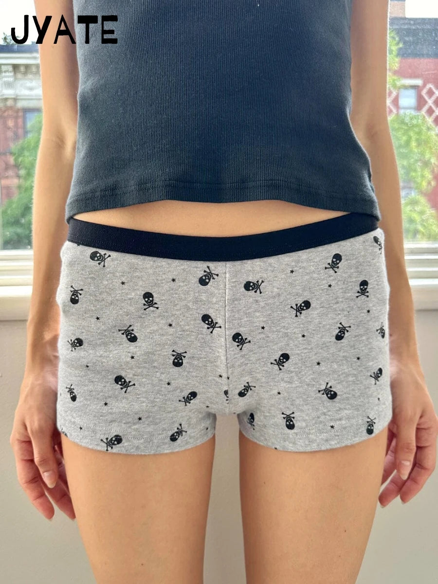 Skull Print Camisole Two Piece Set Women Summer Cotton Tank Tops+Elastic Waist Short Casual Vintage Preppy 2 Sets Y2K