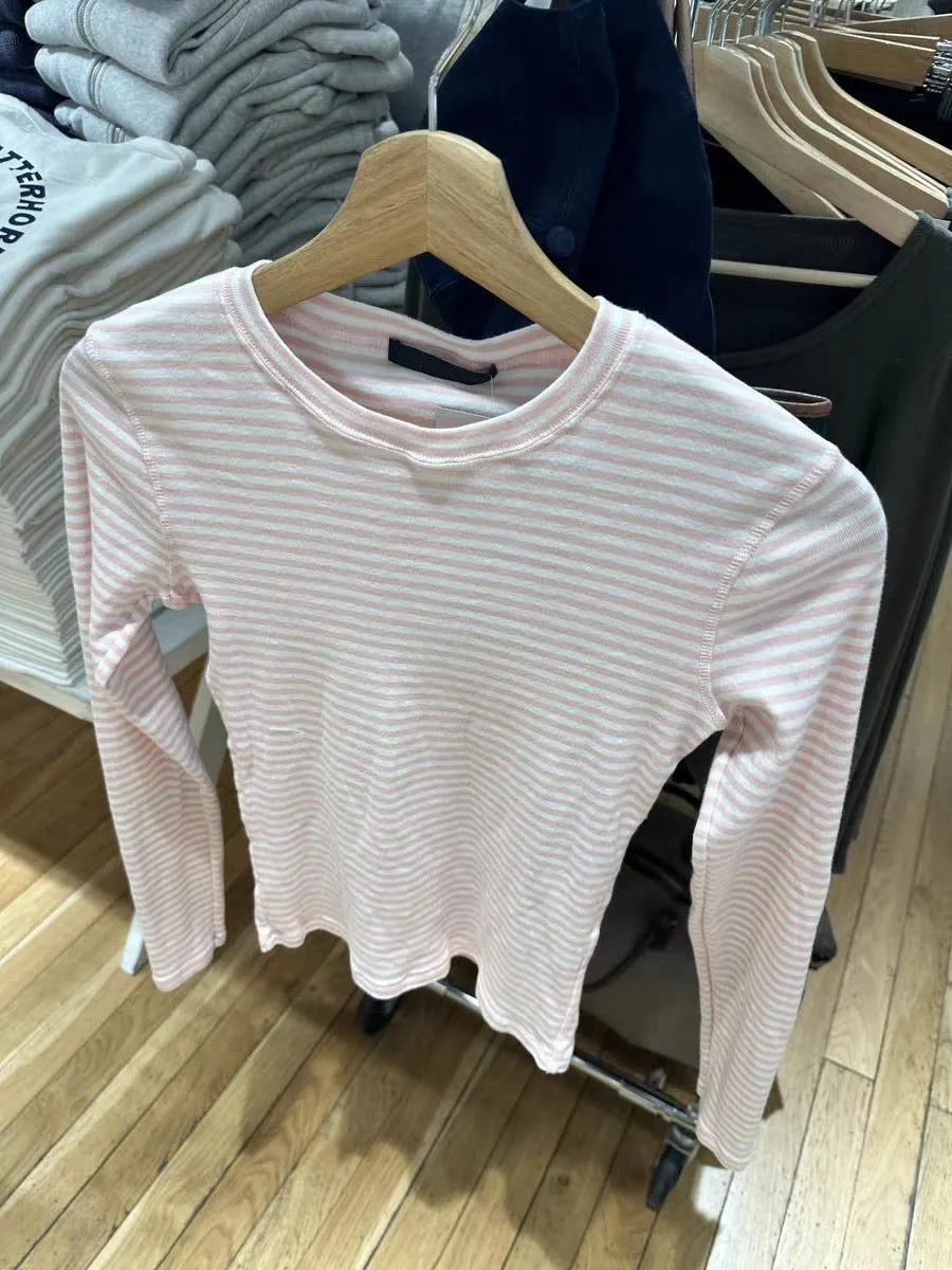 Sweet Pink Striped Long Sleeve T-shirt Woman Spring New Y2K O-Neck Cotton Slim Tshirts Tops Female Cute Preppy Style Tee Shirts