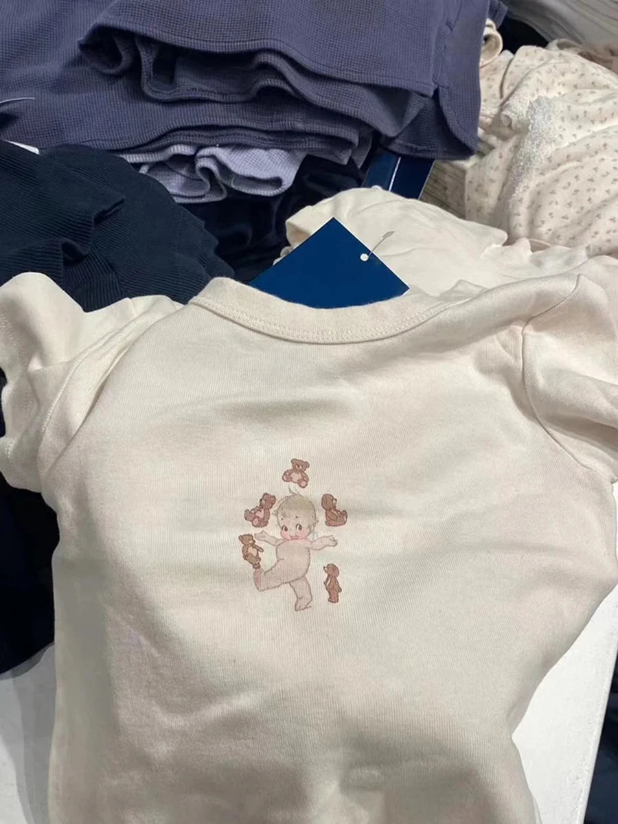 Cute Cartoon Angel Print Slim T-shirts Women Summer O-neck Cotton Harajuku Streetwear Short Sleeve Tees Sweet Chic Y2K Crop Tops