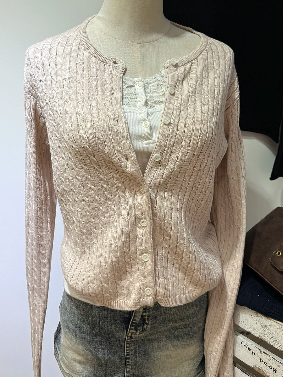 Brown Twsit Cardigan Women Spring Simple Casual Cotton Slim Button Long Sleeve Sweater Vintage Chic Preppy Style Sweaters Y2K