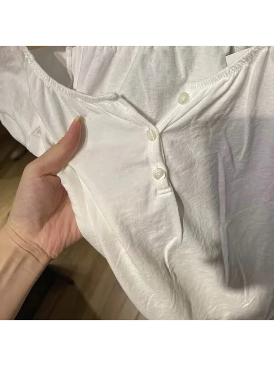 White Ruffle Lace-up Cotton Short Sleeve Tees Women Summer Casual Streetwear Button Tops Female Vintage Sweet Cute Y2K T-shirts