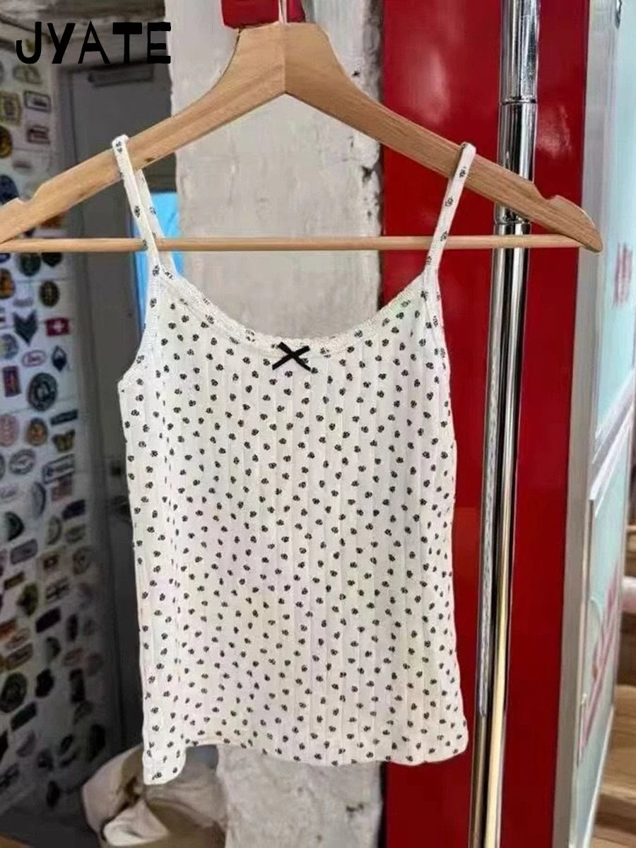 Sweet Floral Print Black Bow Camisole Women Summer New Cotton Casual Simple Preppy Vests Female Vintage Cute Chic Y2K Tank Tops