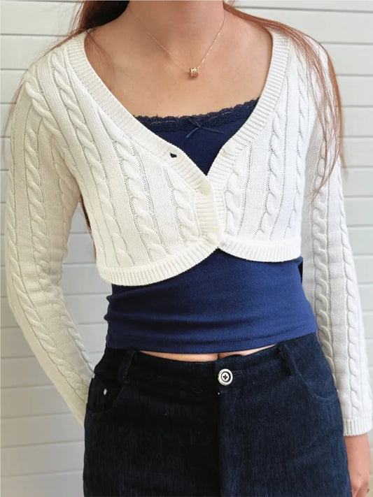 White Cable Knit Cropped Cardigan Women Sexy Chic V-neck Slim Long Sleeve Sweaters Vintage Preppy Style Knitwear Y2K