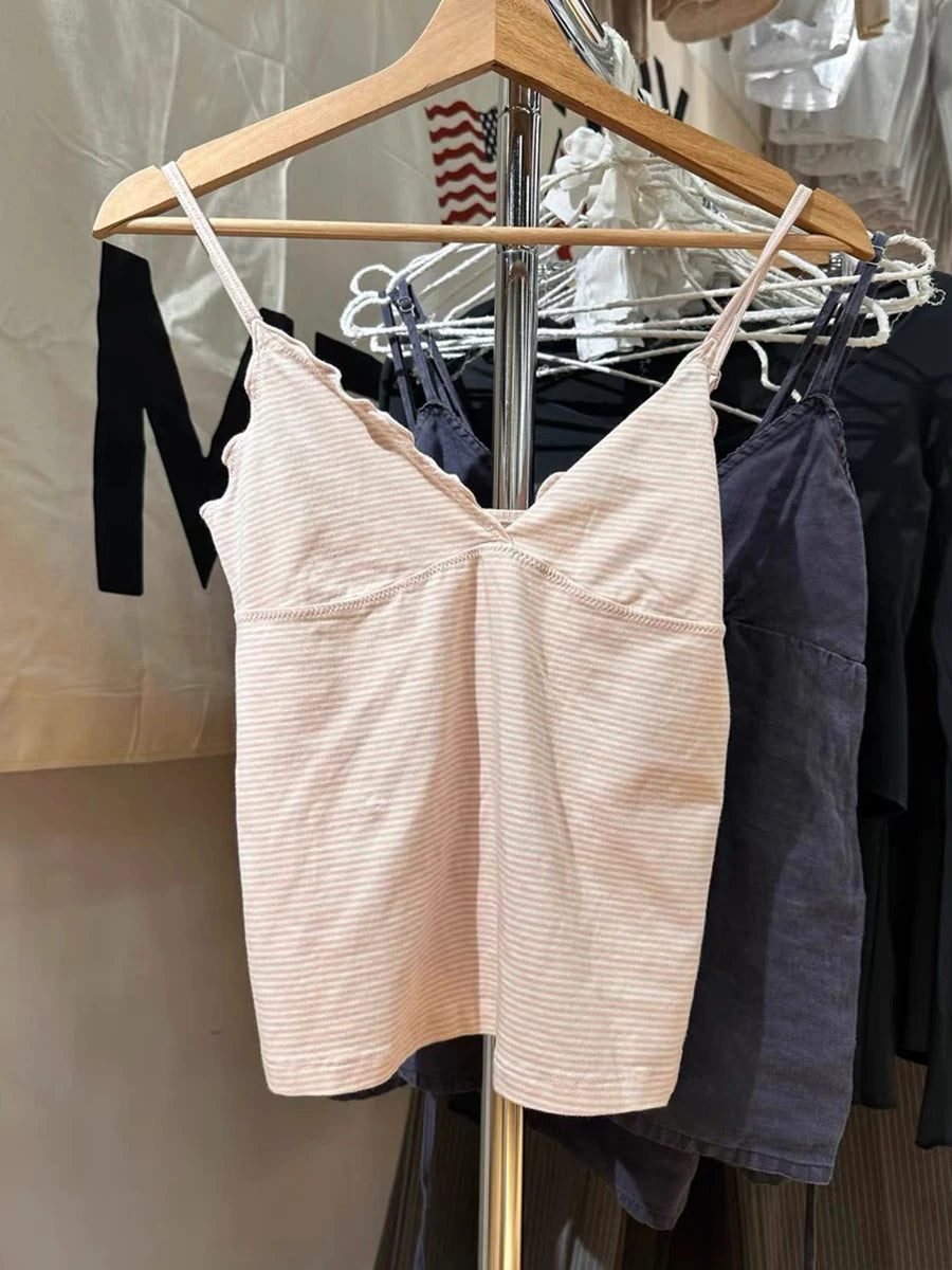 Ruffles Pink Striped Tank Tops Women Summer New Cotton V-neck Sleeveless Slim Cropped Camisole Sweet Preppy Style Y2K Crop Top