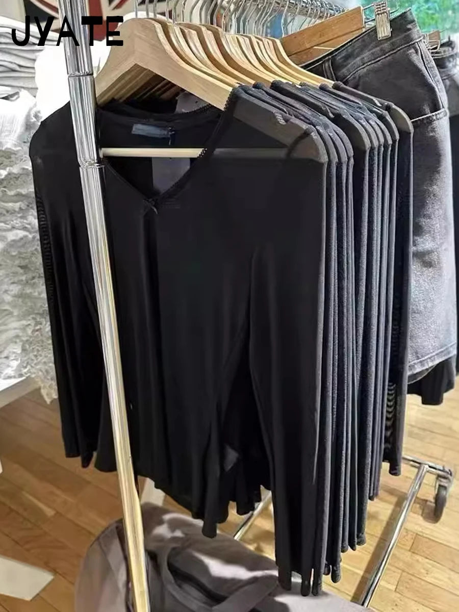 Sexy See-through Black Long Sleeve Tees Smock Women Summer New Bow V-neck Slim Tops Clothing Vintage Chic Harajuku T-shirts Y2K
