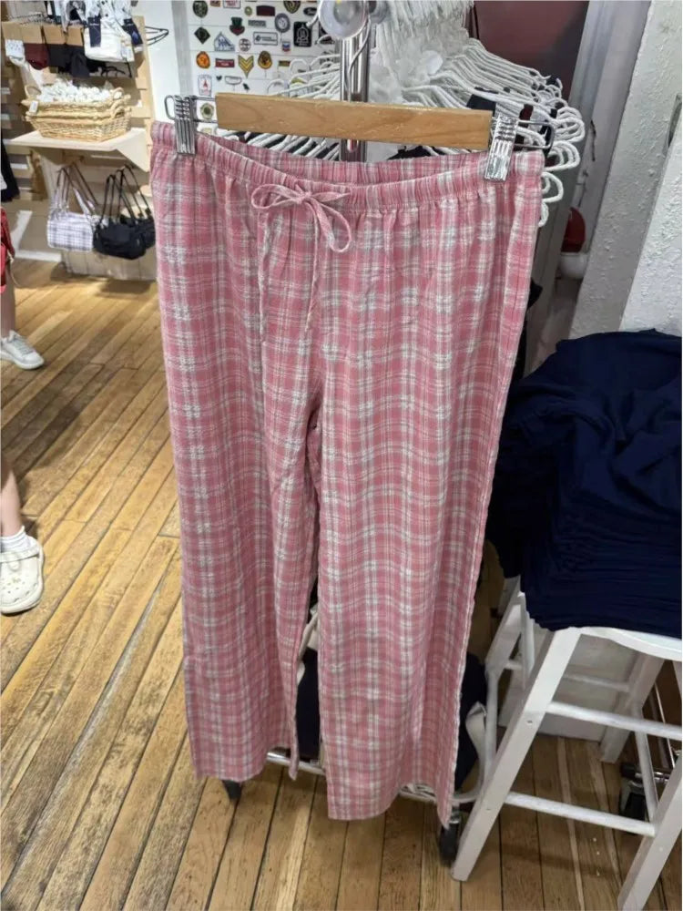 Cute Pink Plaid Drawstring Straight Sweatpant Women Summer Y2K Cotton Linen Casual High Waist Trousers Sweet Home Long Pants New