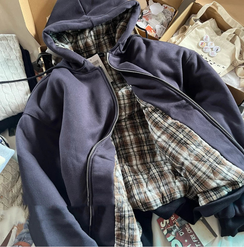 Plaid Print Thick Hoodie Coat Women Autumn Pockets Zip-up Drawstring Classic Pullover Tops Vintage Harajuku Y2K Chic Sweatshirts