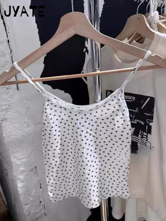Vintage Floral Print White Bow Tank Tops Women New Cotton Streetwear Casual Simple Slim Vest Female Sweet Cute Chic Y2K Camisole