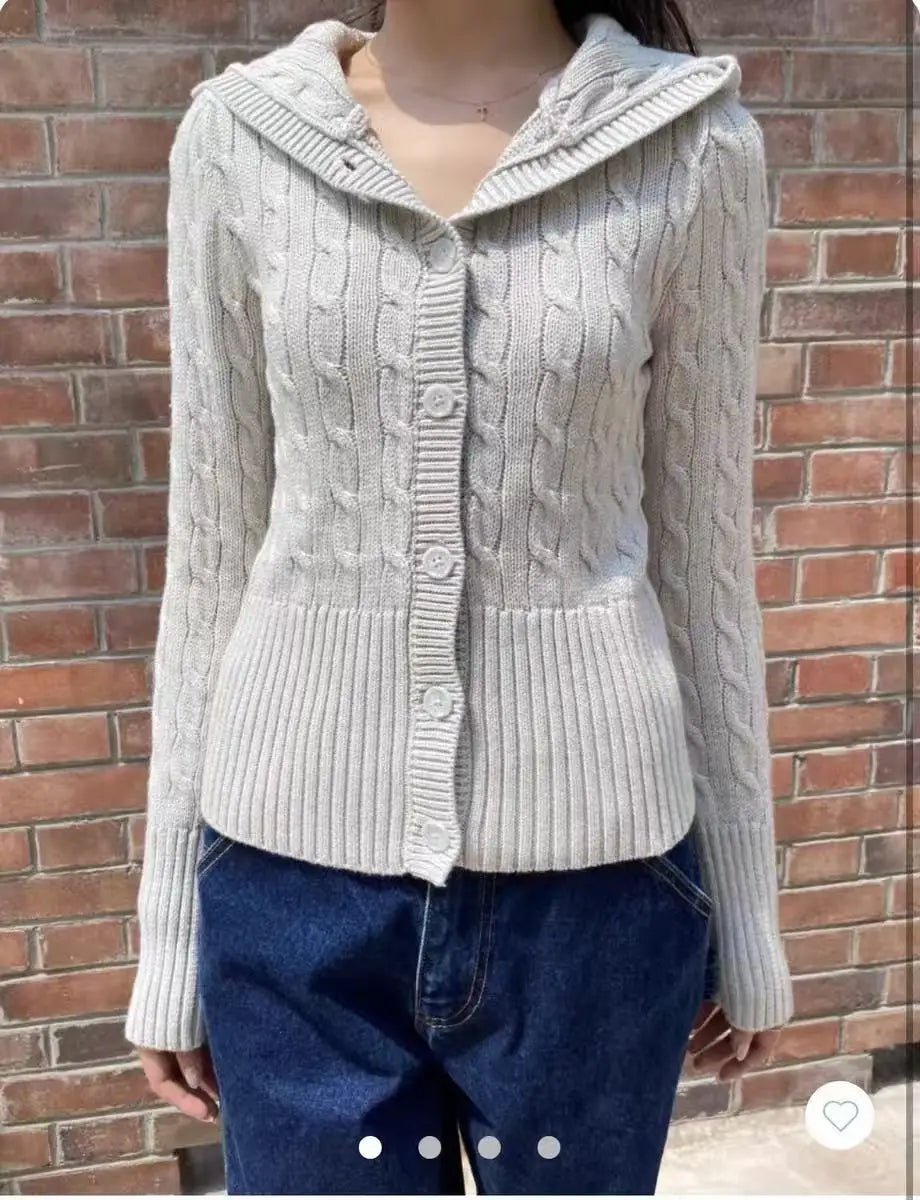Twist Flower Beige Buttons Slim Sweater Women Autumn Pocket Hooded Long Sleeve Knitted Hoodie Sweet Preppy Style Simple Sweaters