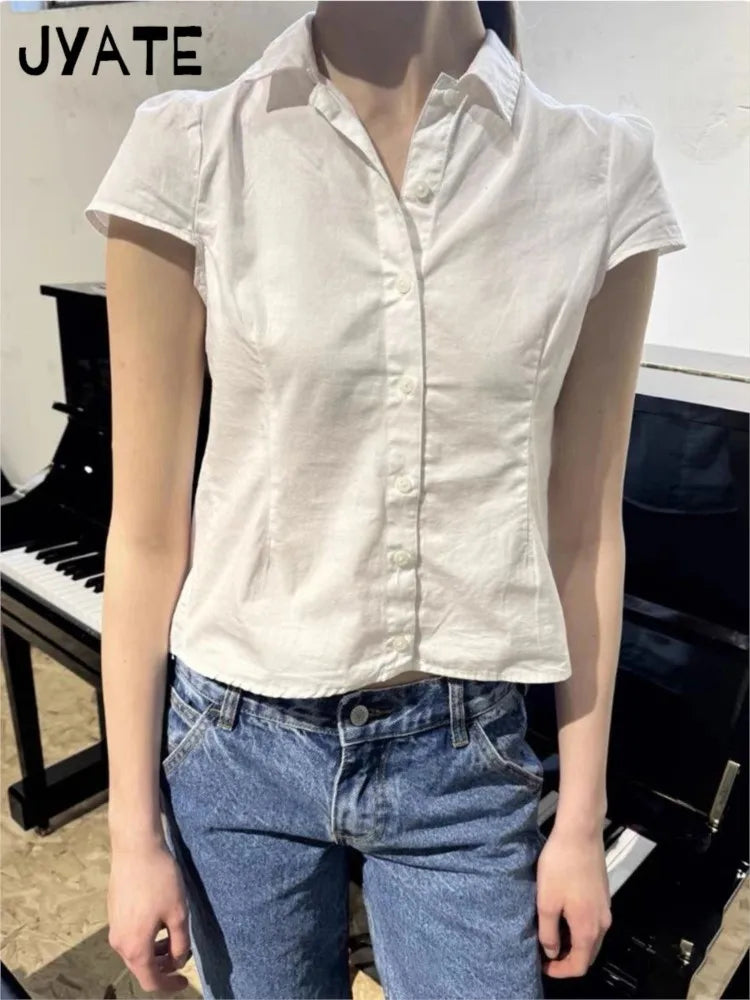 Back Lace-up White Blouse T-shirts Women Summer Casual Preppy Peter Pan Collar Short Sleeve Tees Cute Sweet Slim Y2K Crop Tops