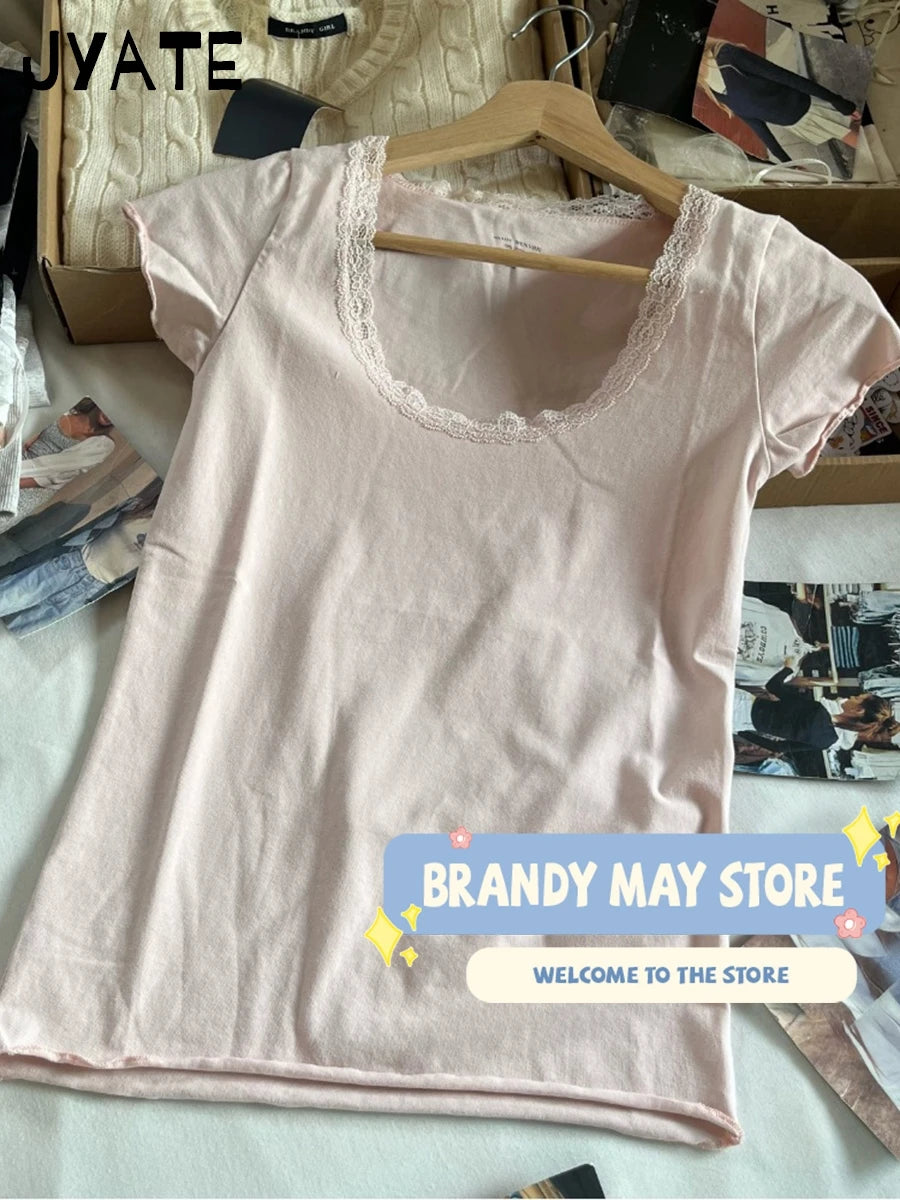 Sweet Lace Trim Pink T-shirts Women Summer New Casual Cotton Soft U-neck Short Sleeve Tees Cute Vintage Preppy Style Tops Y2K