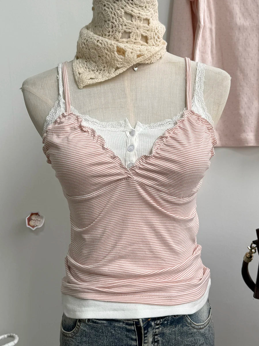 Pink Striped Tank Tops Women Casual Cotton Fungus Slim V-neck Sleeveless Camisole Girls Cute Sweet Preppy Style Y2K Crop Top