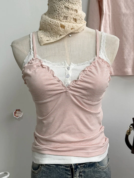 Pink Striped Tank Tops Women Casual Cotton Fungus Slim V-neck Sleeveless Camisole Girls Cute Sweet Preppy Style Y2K Crop Top