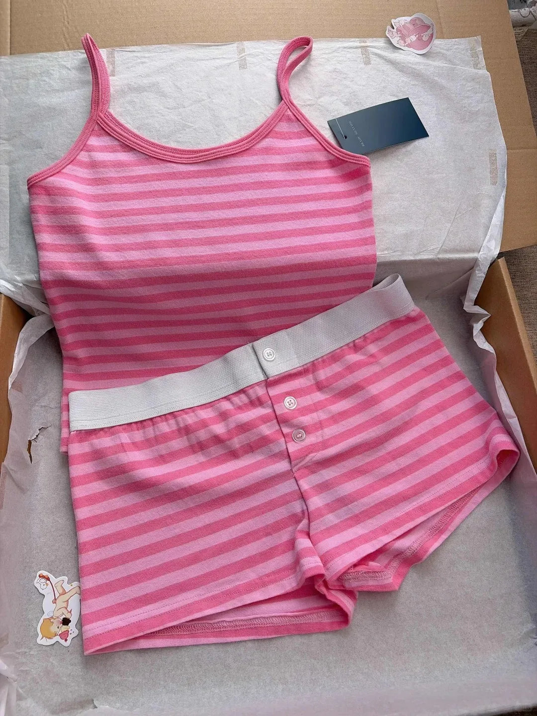 Sweet Pink Striped Vest Shorts Set Women Cotton Slim Crop Top+Elastic Waist Short Pant Casual Cute Home Pajama 2 Piece Sets Y2K