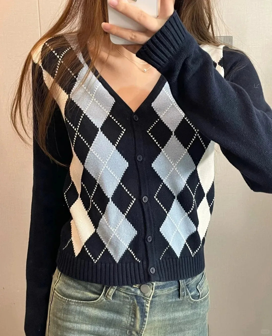 Vintage Plaid Knitted V-neck Cardigan Women New Cotton Slim Gray Streetwear Patchwork Sweater Coat Harajuku Chic Y2K Jumper Tops
