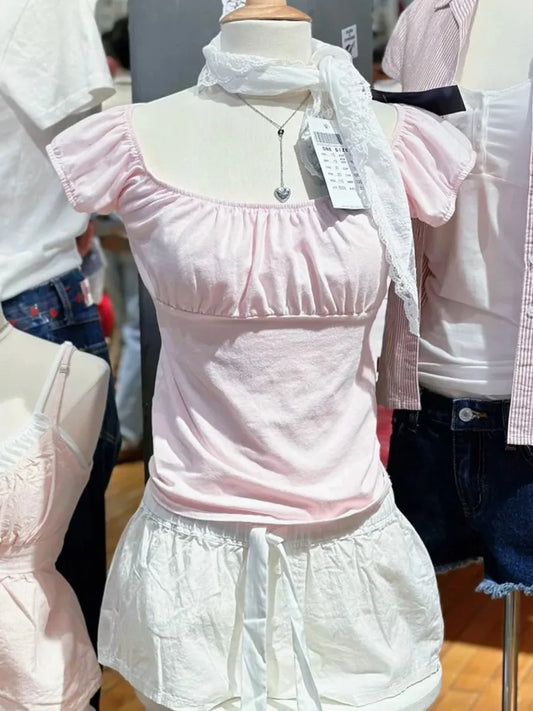 Pink Ruffle Slim Short Sleeve Tee Women Summer Square Collar Cotton Mesh Folds T-shirts Female Aesthetic Sweet Cute Y2K Tops New
