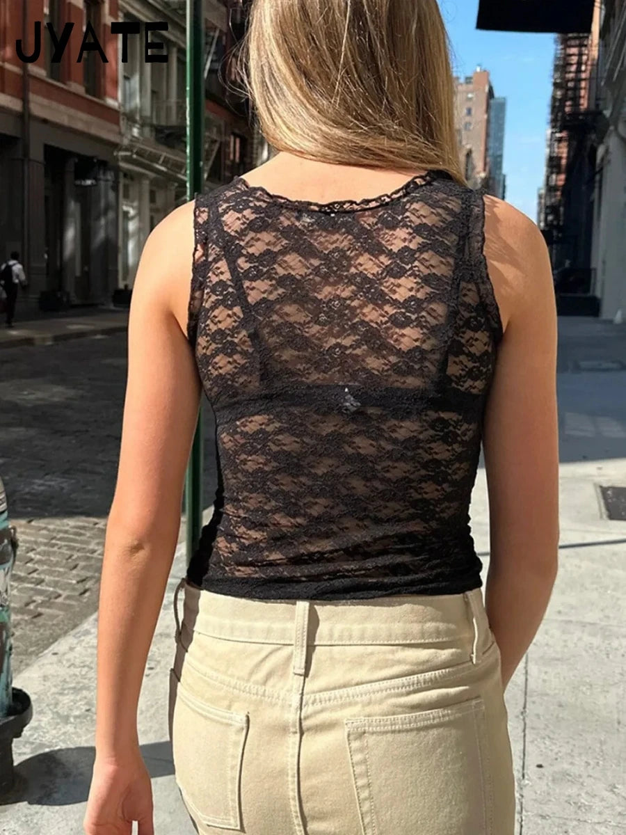 Sexy Lace See Through Bow V-neck Tank Tops Women Summer New Slim Casual Streetwear Black Crop Top Harajuku Chic Y2K Vest Clothes
