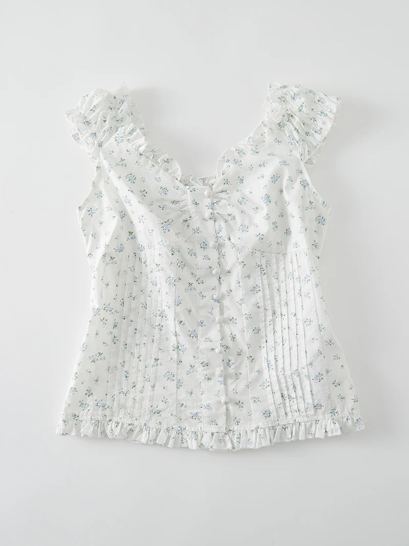 Sweet Ruffle Sleeveless Floral Blouse Top Women New Casual Single Breasted Folds Tank Tops Vest Steetwear Vintage Chic Camisole
