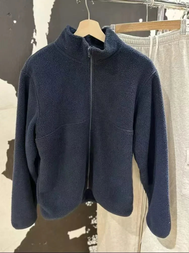 Navy Lambskin Cropped Zipper Thick Coats Women Autumn Turn Down Collar Preppy Style Jacket Simple Streetwear Chic Outerwear