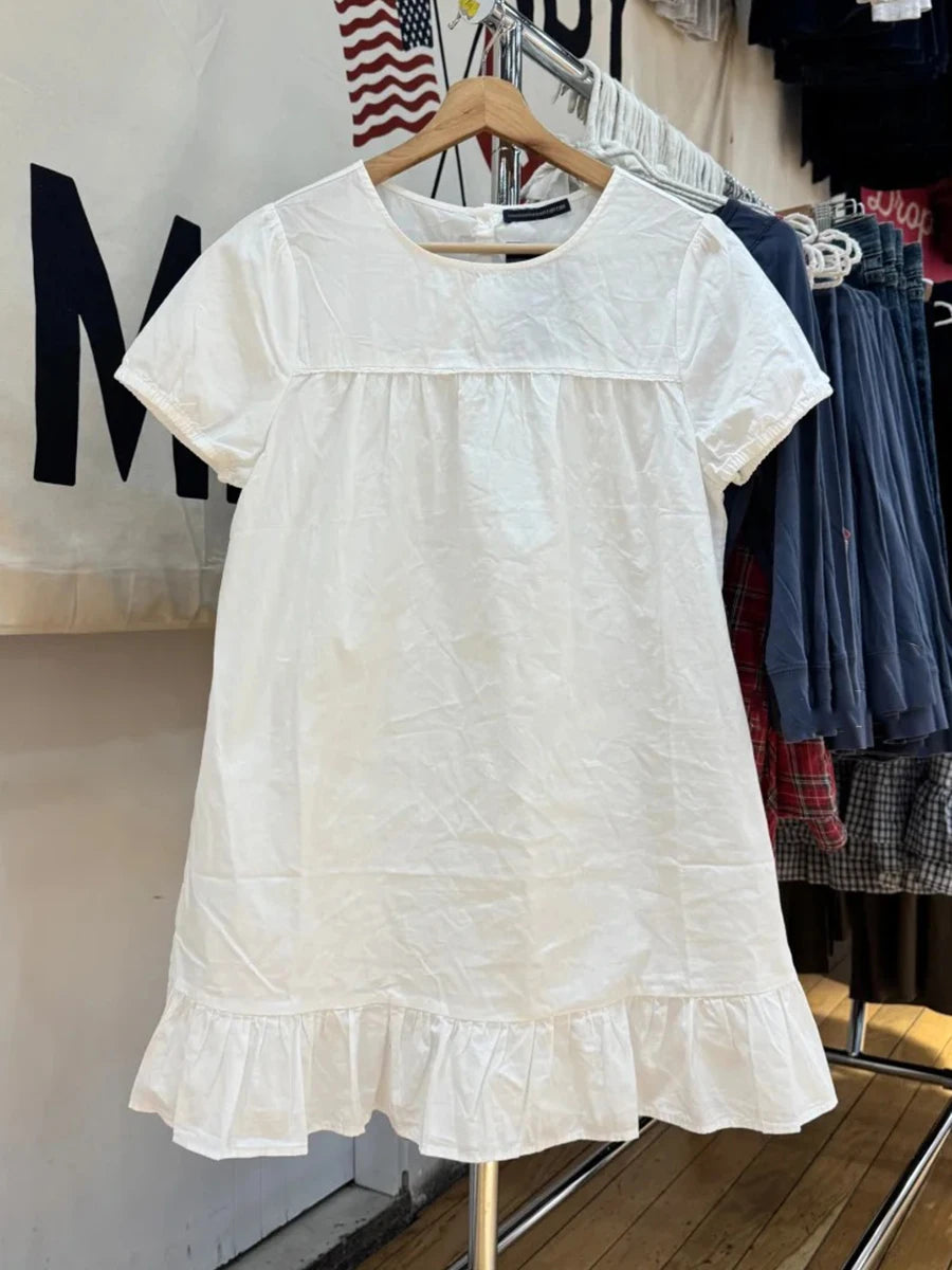 Chic White Puff Sleeve Dress Women Simple Casual Loose Ruffle Hem Cotton Dresses Y2K Clothes Cute Sweet Preppy Style Vestidos