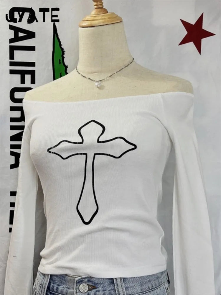 Cross Print Slash Neck Sexy T-shirts Women New Cotton Fashion Simple White Long Sleeve Tees Vintage Chic Sweet Tops Clothes Y2K