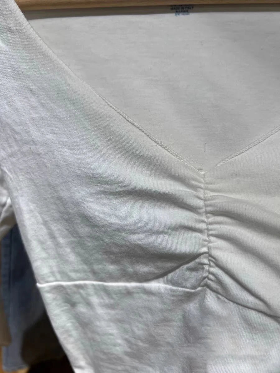Sexy Folds White Long Sleeve Crop Top Women New V-neck Cotton Slim Simple Basic T-shirt Female Sweet Chic Cropped Tees Y2K Tops
