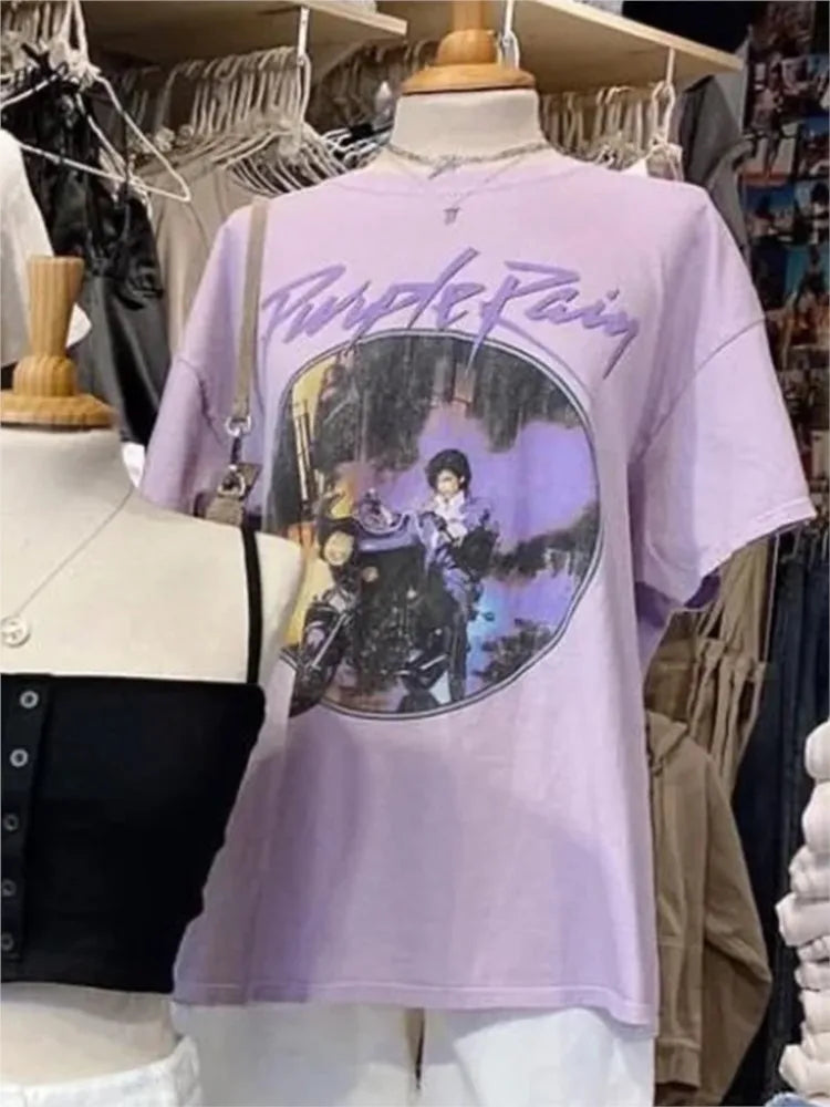 Purple Harley Motorcycle Print T-shirts Women Summer Casual Cotton O-neck Short Sleeve Tees Vintage Streetwear Chic Tee Y2K Tops