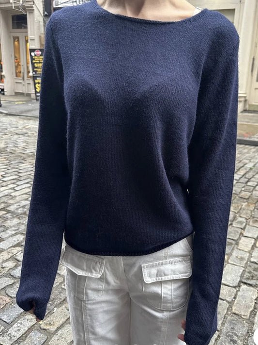 Fashion Navy Blue Cotton Knit T-shirts Women Spring Casual Streetwear Basic Raw Hem Long Sleeve Tee Female Vintage Chic Y2K Tops