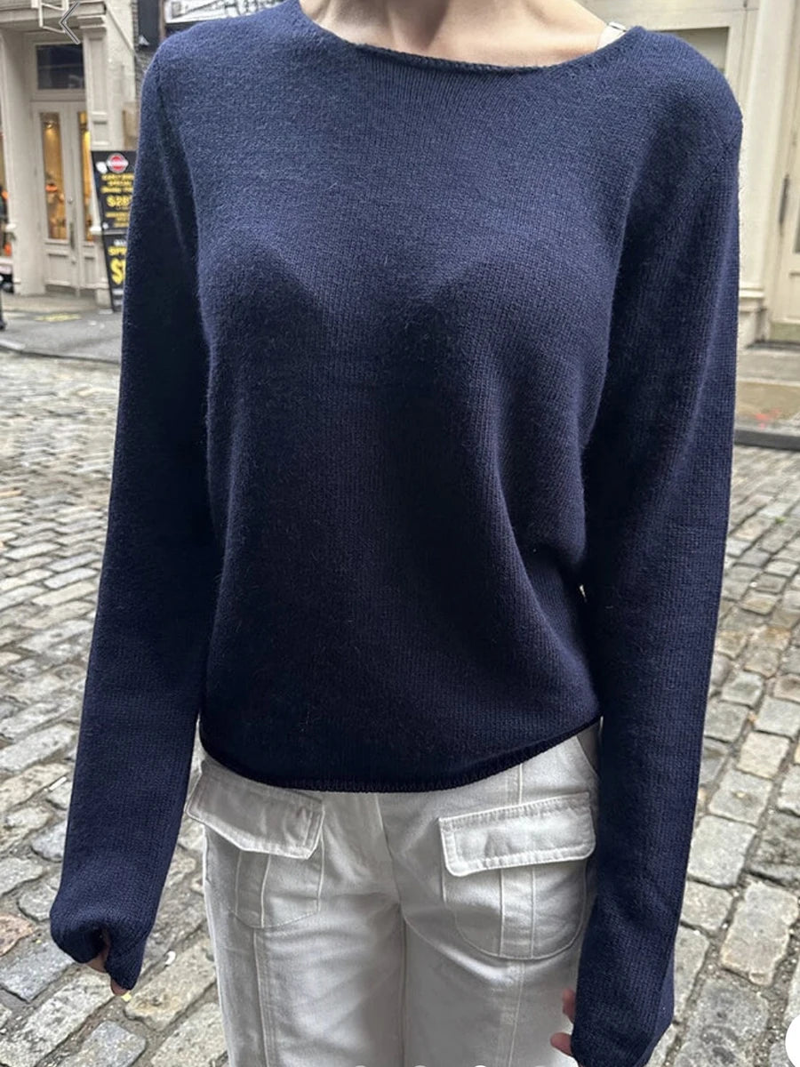 Raw Hem Loose Cropped Sweater Woman Autumn Scoop Neck Long Sleeve Oversized Jumper Vintage Streetwear Cotton Knit Sweaters Y2k