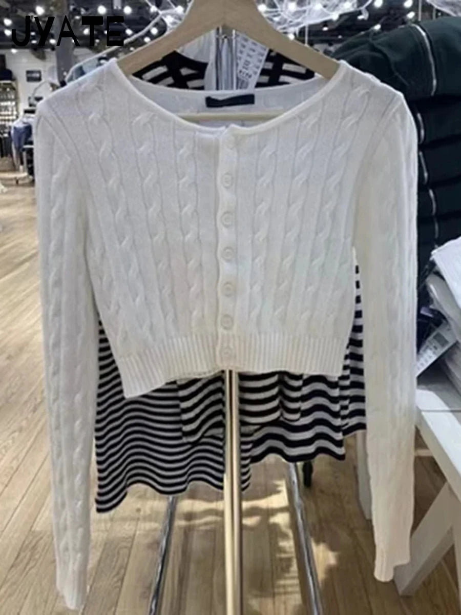 Vintage Navy O-neck Knit Cardigan Women Autumn New Cotton Casual Streetwear Slim Cropped Sweaters Simple Sweet Y2K Jumper Tops
