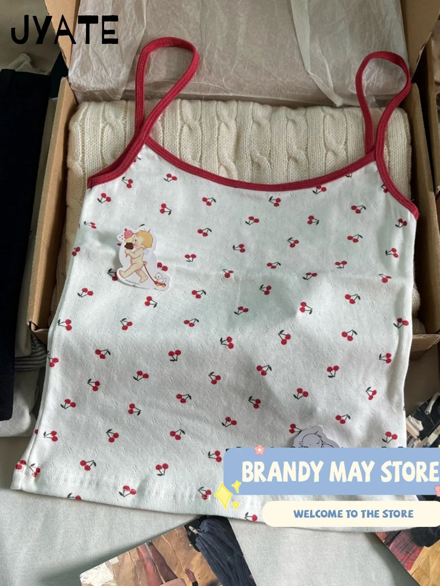 Cherry Print Patchwork Eyelet Camisole Women New Cotton Soft Casual Slim Sleeveless Cropped Vests Vintage Sweet Cute Tank Tops