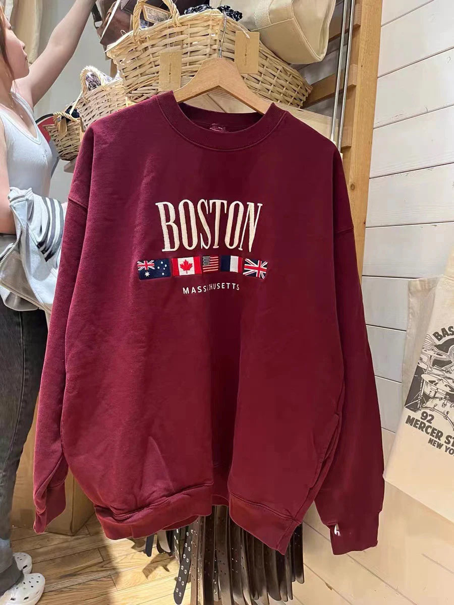 Letter Embroidery Sweatshirts Women Autumn New Casual O-neck Flag Long Sleeve Hoodies Vintage Harajuku Chic Pullover Top Y2K