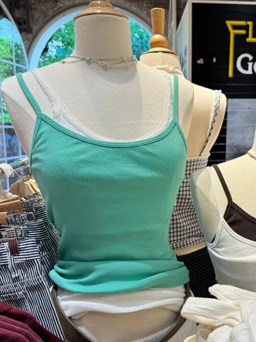 Mint blue Ribbed Slim Tank Tops Women Summer Cotton Casual Streetwear Sleeveless Vests Vintage Sweet Simple All-match Camisole